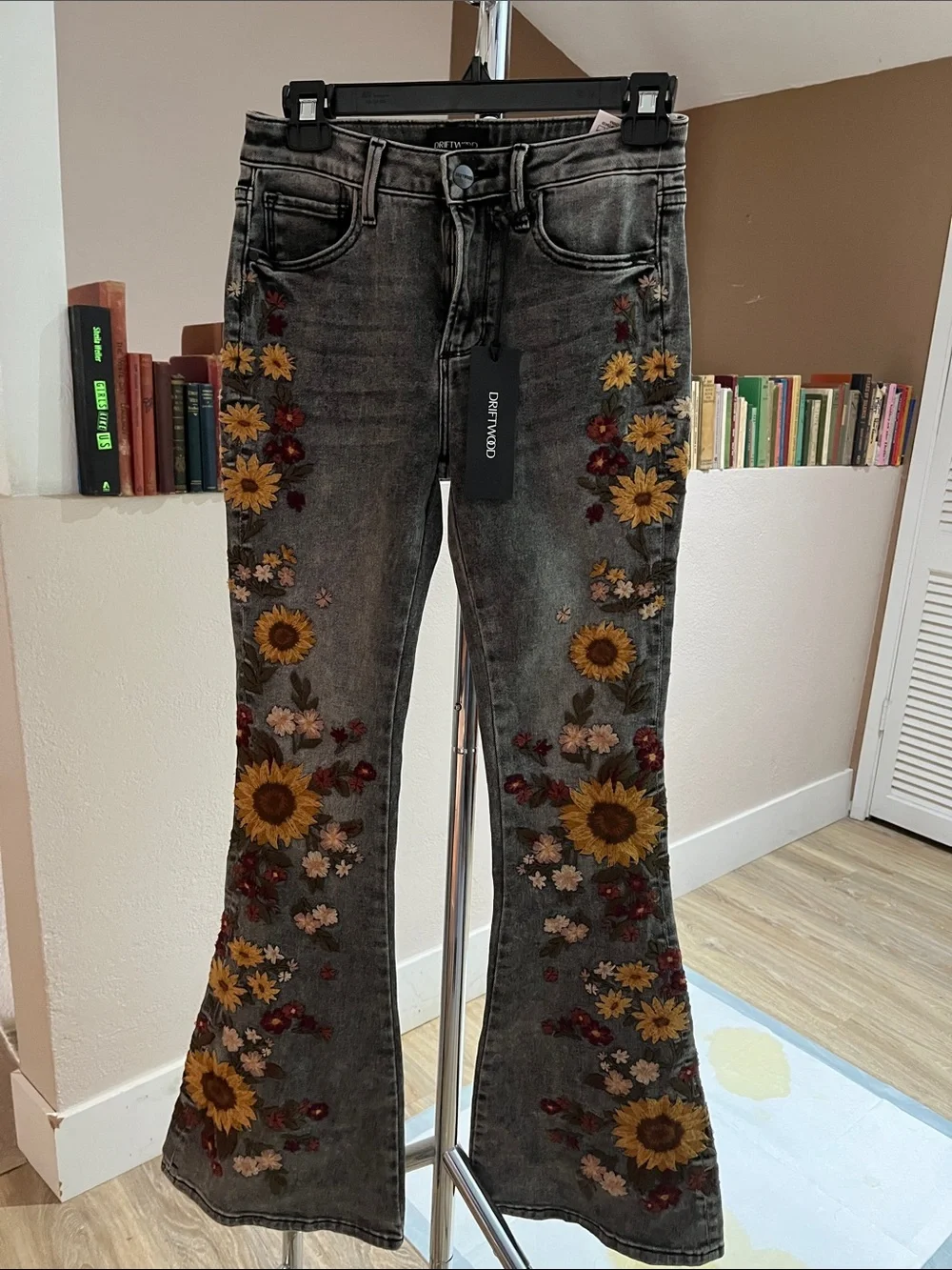 Women's Grey Flare Jeans with Sunflower Embroidery - Picture 1 of 8